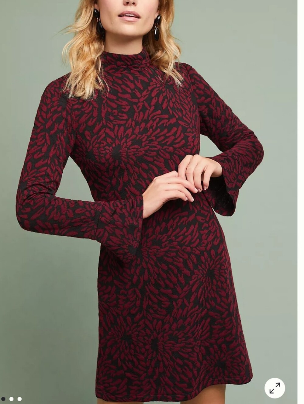 Hutch Michaela Textured Tunic Dress Burgundy Floral Jacquard Mock Neck M